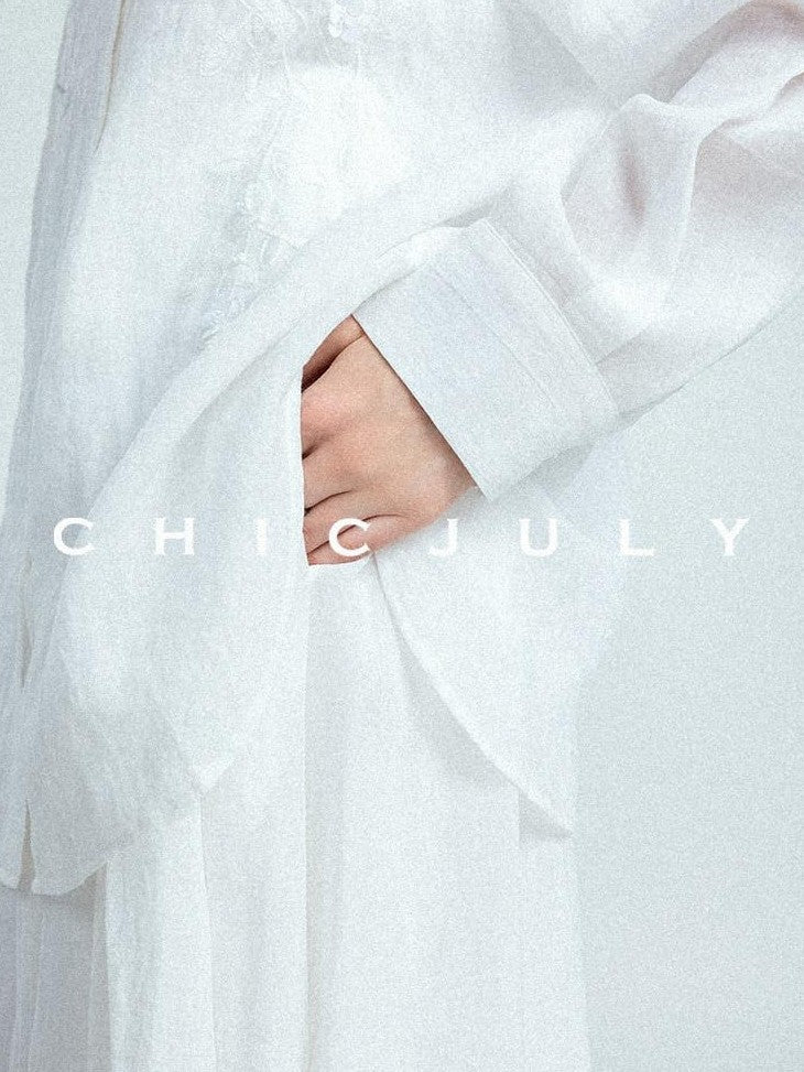 chicjuly White Heavy Embroidery Stand Collar Minimalist Women's Linen Shirts