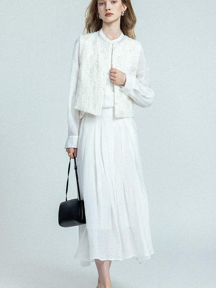 chicjuly White Heavy Embroidery Stand Collar Minimalist Women's Linen Shirts
