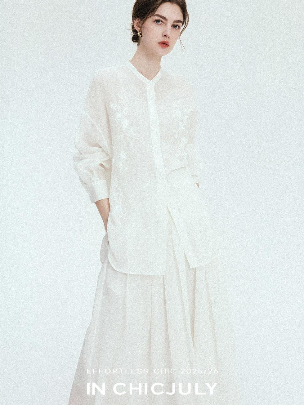 chicjuly White Heavy Embroidery Stand Collar Minimalist Women's Linen Shirts