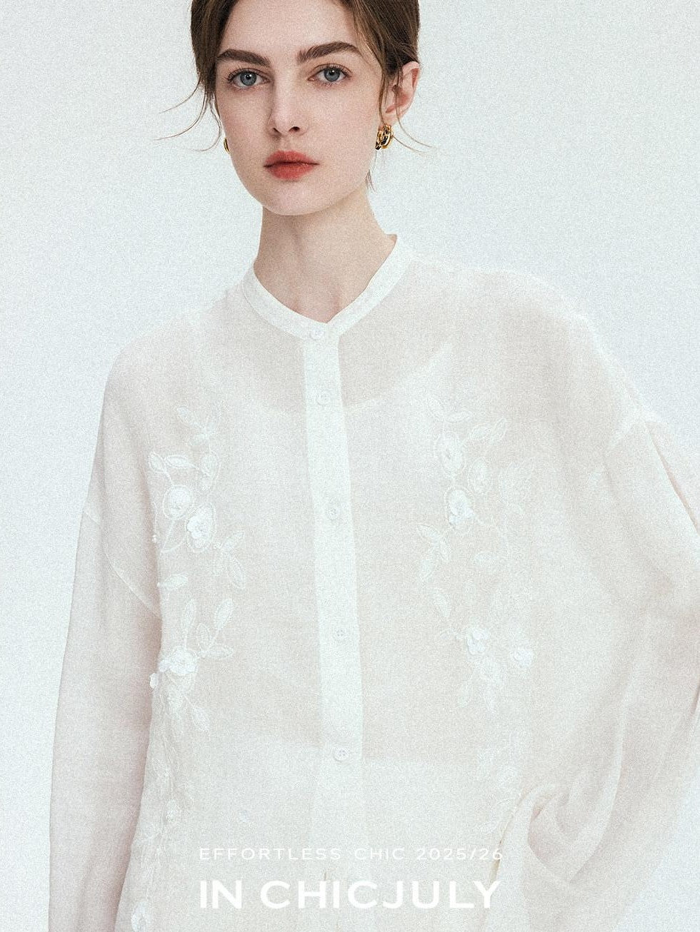 chicjuly White Heavy Embroidery Stand Collar Minimalist Women's Linen Shirts