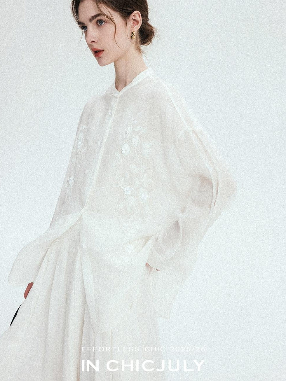 chicjuly White Heavy Embroidery Stand Collar Minimalist Women's Linen Shirts