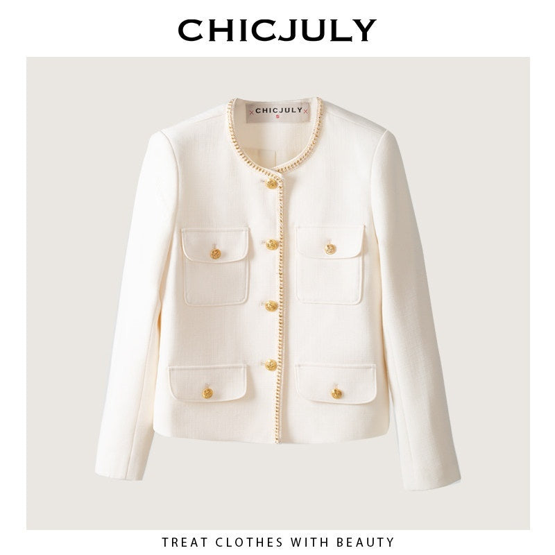 chicjuly White Tweed Inspired Buttoned Round Neck Women's Acetate Top & Skirt Sets 652782607134