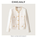 chicjuly White Tweed Inspired Buttoned Round Neck Women's Acetate Top & Skirt Sets 652782607134