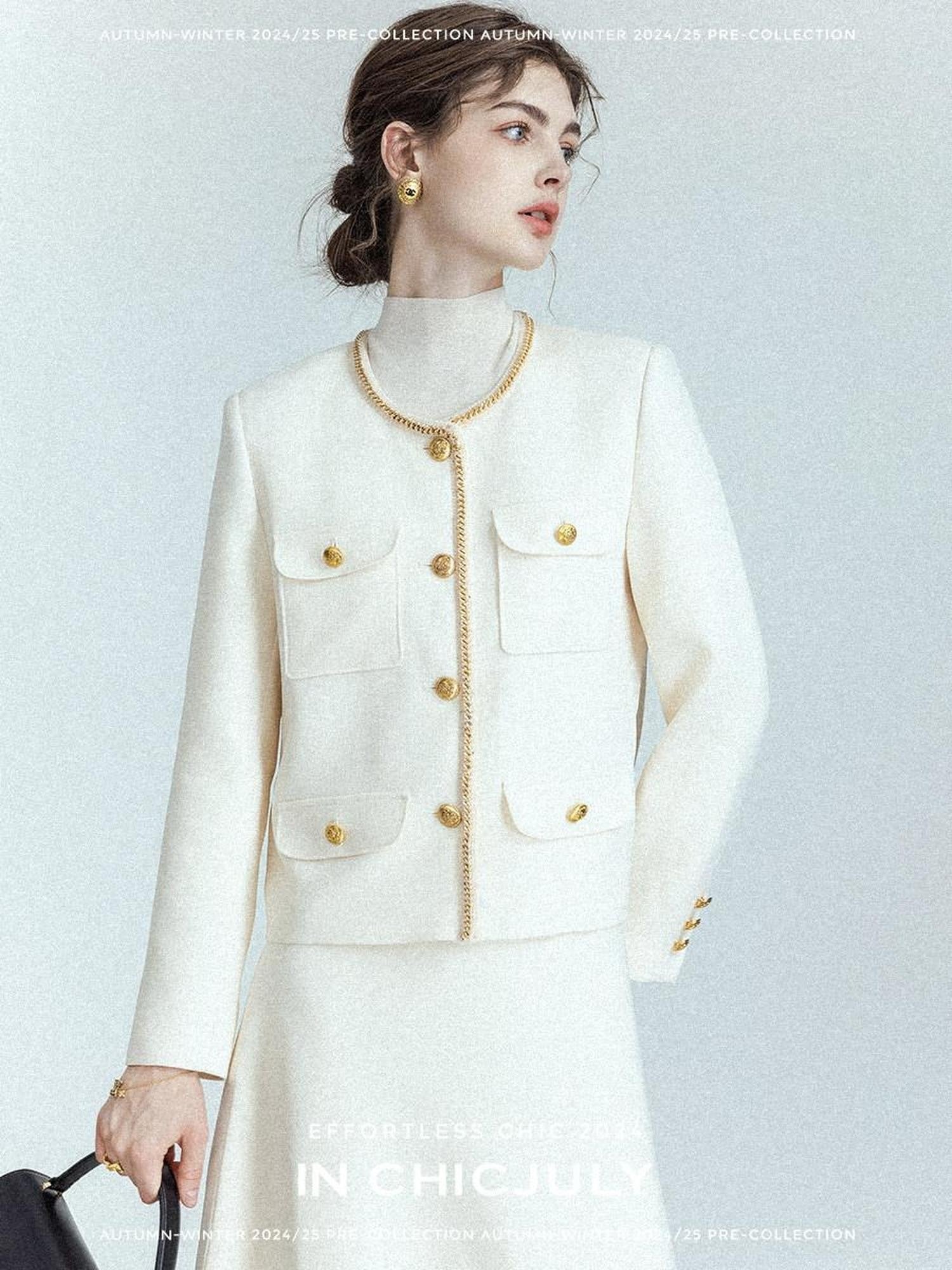 chicjuly White Tweed Inspired Buttoned Round Neck Women's Acetate Top & Skirt Sets