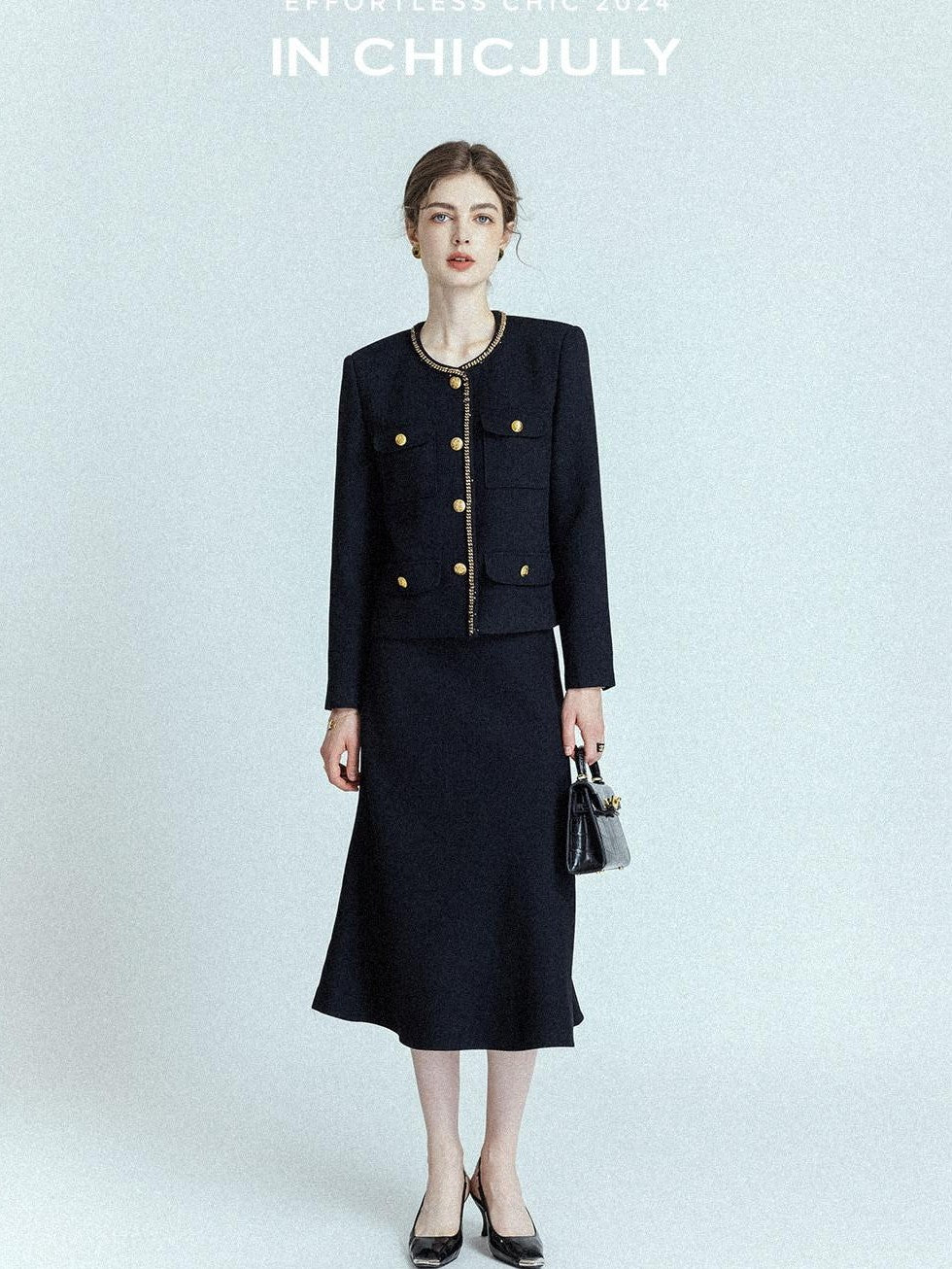 chicjuly White Tweed Inspired Buttoned Round Neck Women's Acetate Top & Skirt Sets