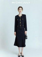 chicjuly White Tweed Inspired Buttoned Round Neck Women's Acetate Top & Skirt Sets