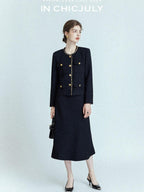 chicjuly White Tweed Inspired Buttoned Round Neck Women's Acetate Top & Skirt Sets
