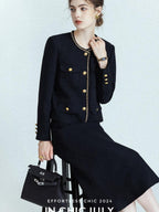 chicjuly White Tweed Inspired Buttoned Round Neck Women's Acetate Top & Skirt Sets