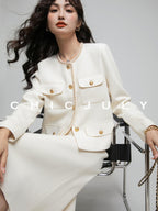 chicjuly White Tweed Inspired Buttoned Round Neck Women's Acetate Top & Skirt Sets