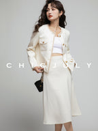 chicjuly White Tweed Inspired Buttoned Round Neck Women's Acetate Top & Skirt Sets