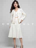 chicjuly White Tweed Inspired Buttoned Round Neck Women's Acetate Top & Skirt Sets