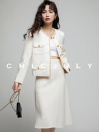 chicjuly White Tweed Inspired Buttoned Round Neck Women's Acetate Top & Skirt Sets
