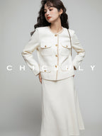 chicjuly White Tweed Inspired Buttoned Round Neck Women's Acetate Top & Skirt Sets
