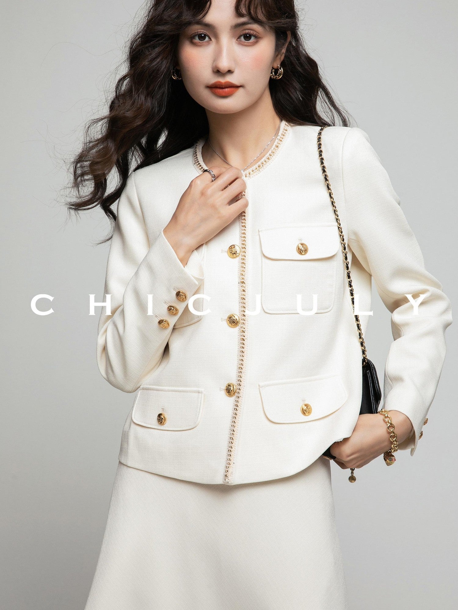 chicjuly White Tweed Inspired Buttoned Round Neck Women's Acetate Top & Skirt Sets