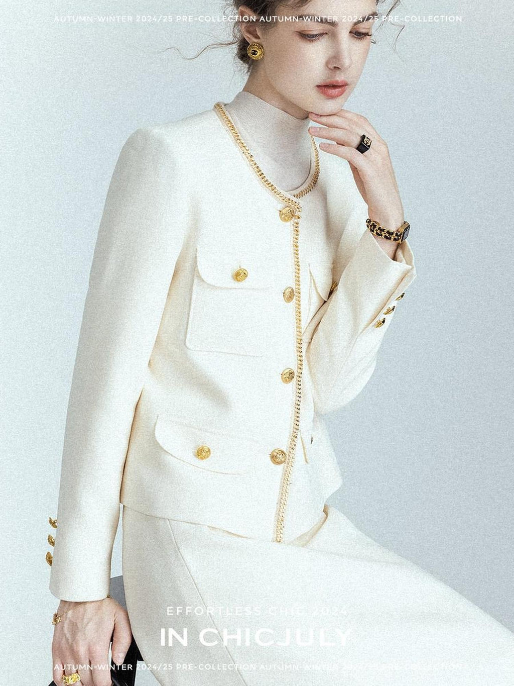 chicjuly White Tweed Inspired Buttoned Round Neck Women's Acetate Top & Skirt Sets