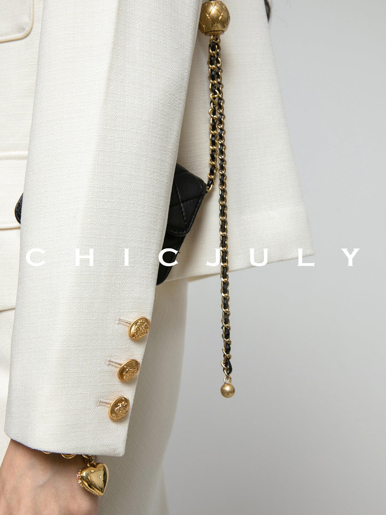 chicjuly White Tweed Inspired Buttoned Round Neck Women's Acetate Top & Skirt Sets