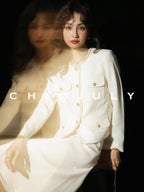 chicjuly White Tweed Inspired Buttoned Round Neck Women's Acetate Top & Skirt Sets