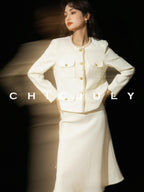 chicjuly White Tweed Inspired Buttoned Round Neck Women's Acetate Top & Skirt Sets