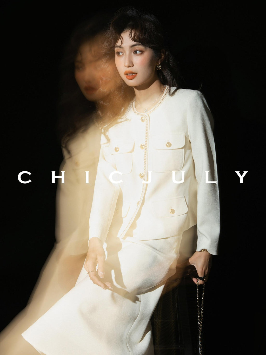 chicjuly White Tweed Inspired Buttoned Round Neck Women's Acetate Top & Skirt Sets