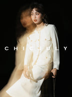 chicjuly White Tweed Inspired Buttoned Round Neck Women's Acetate Top & Skirt Sets