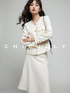 chicjuly White Tweed Inspired Buttoned Round Neck Women's Acetate Top & Skirt Sets