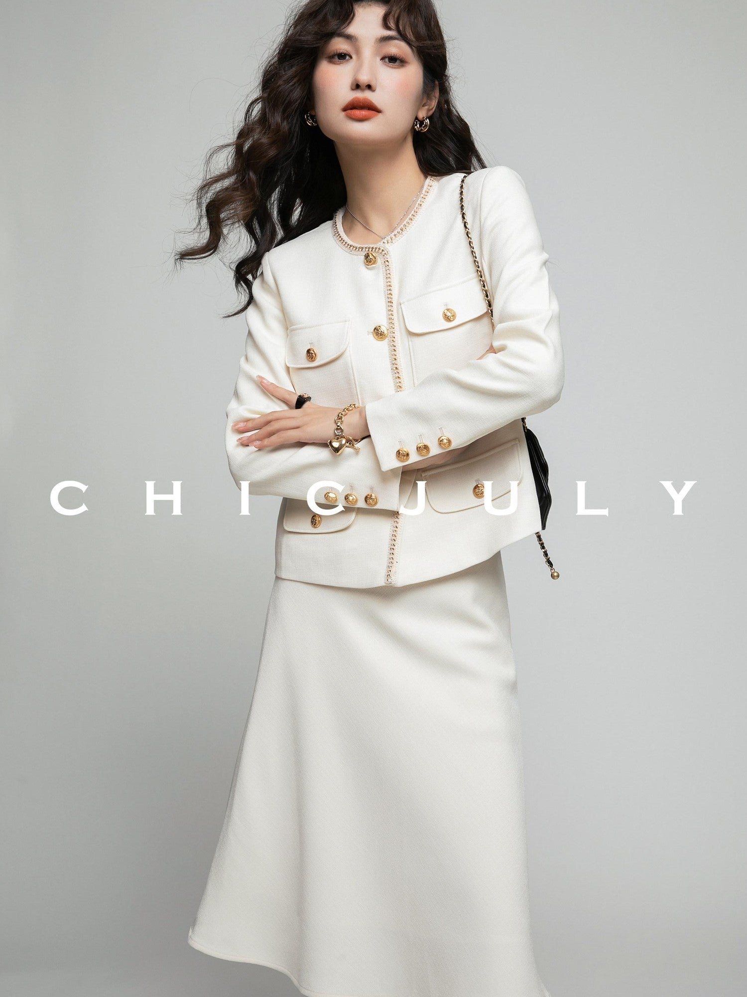 chicjuly White Tweed Inspired Buttoned Round Neck Women's Acetate Top & Skirt Sets