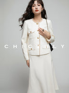 chicjuly White Tweed Inspired Buttoned Round Neck Women's Acetate Top & Skirt Sets
