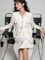 chicjuly White Tweed Inspired Buttoned Round Neck Women's Acetate Top & Skirt Sets