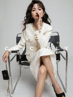 chicjuly White Tweed Inspired Buttoned Round Neck Women's Acetate Top & Skirt Sets