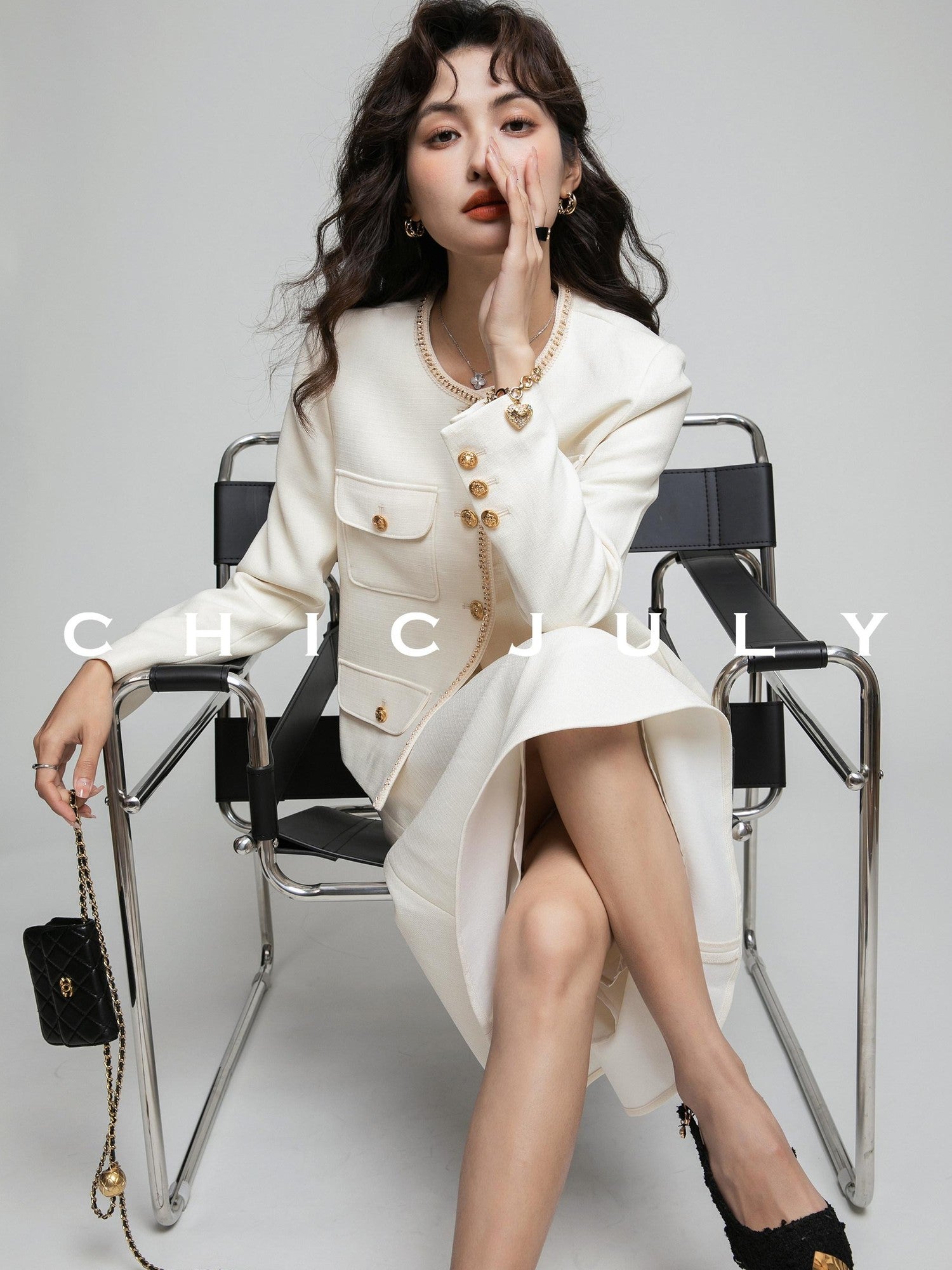 chicjuly White Tweed Inspired Buttoned Round Neck Women's Acetate Top & Skirt Sets
