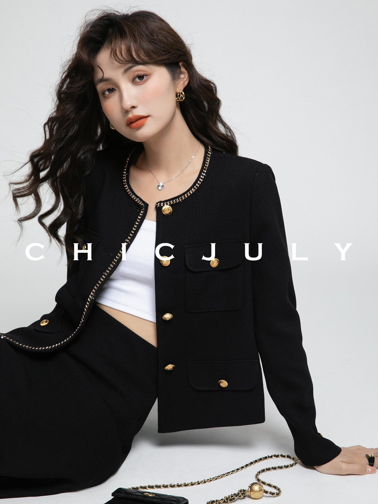 chicjuly White Tweed Inspired Buttoned Round Neck Women's Acetate Top & Skirt Sets