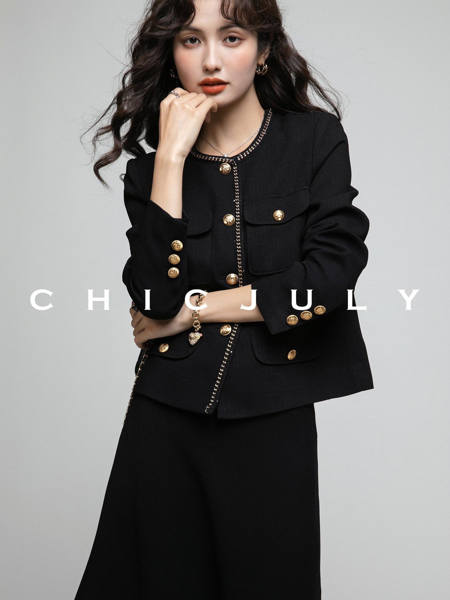 chicjuly White Tweed Inspired Buttoned Round Neck Women's Acetate Top & Skirt Sets