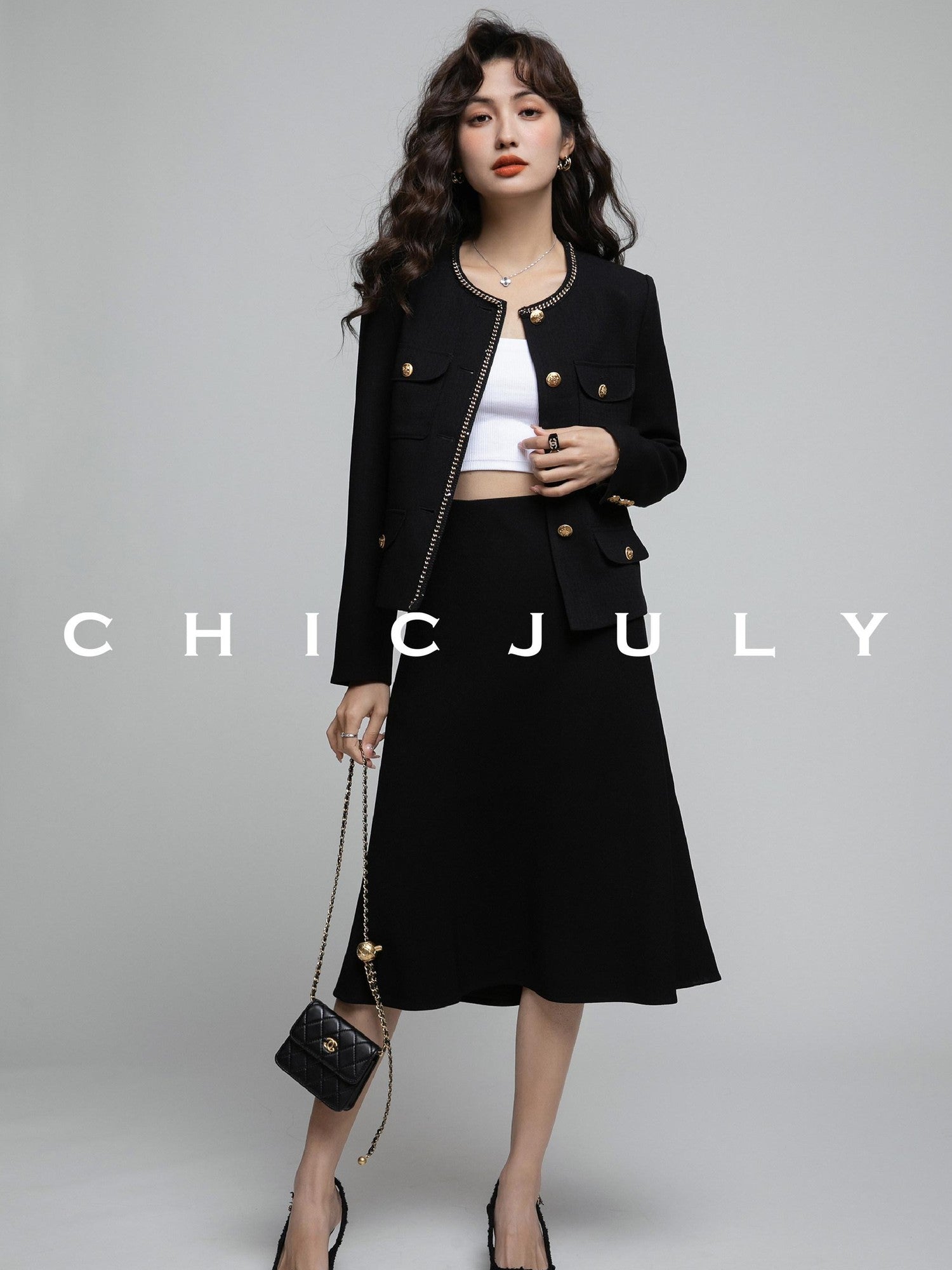 chicjuly White Tweed Inspired Buttoned Round Neck Women's Acetate Top & Skirt Sets