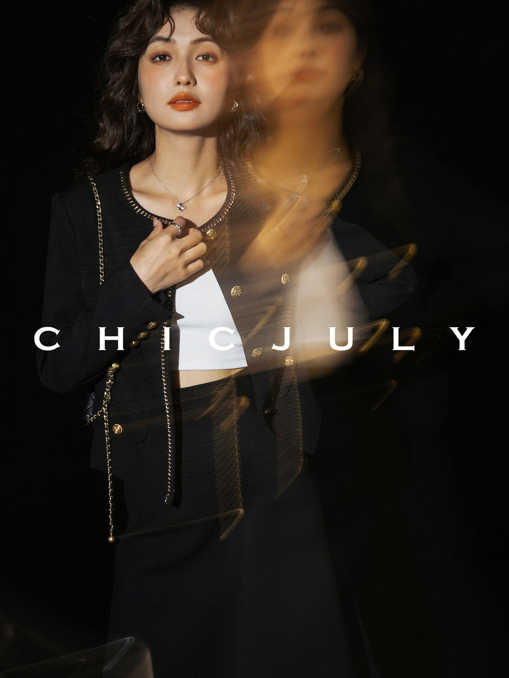 chicjuly White Tweed Inspired Buttoned Round Neck Women's Acetate Top & Skirt Sets