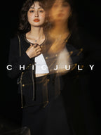 chicjuly White Tweed Inspired Buttoned Round Neck Women's Acetate Top & Skirt Sets