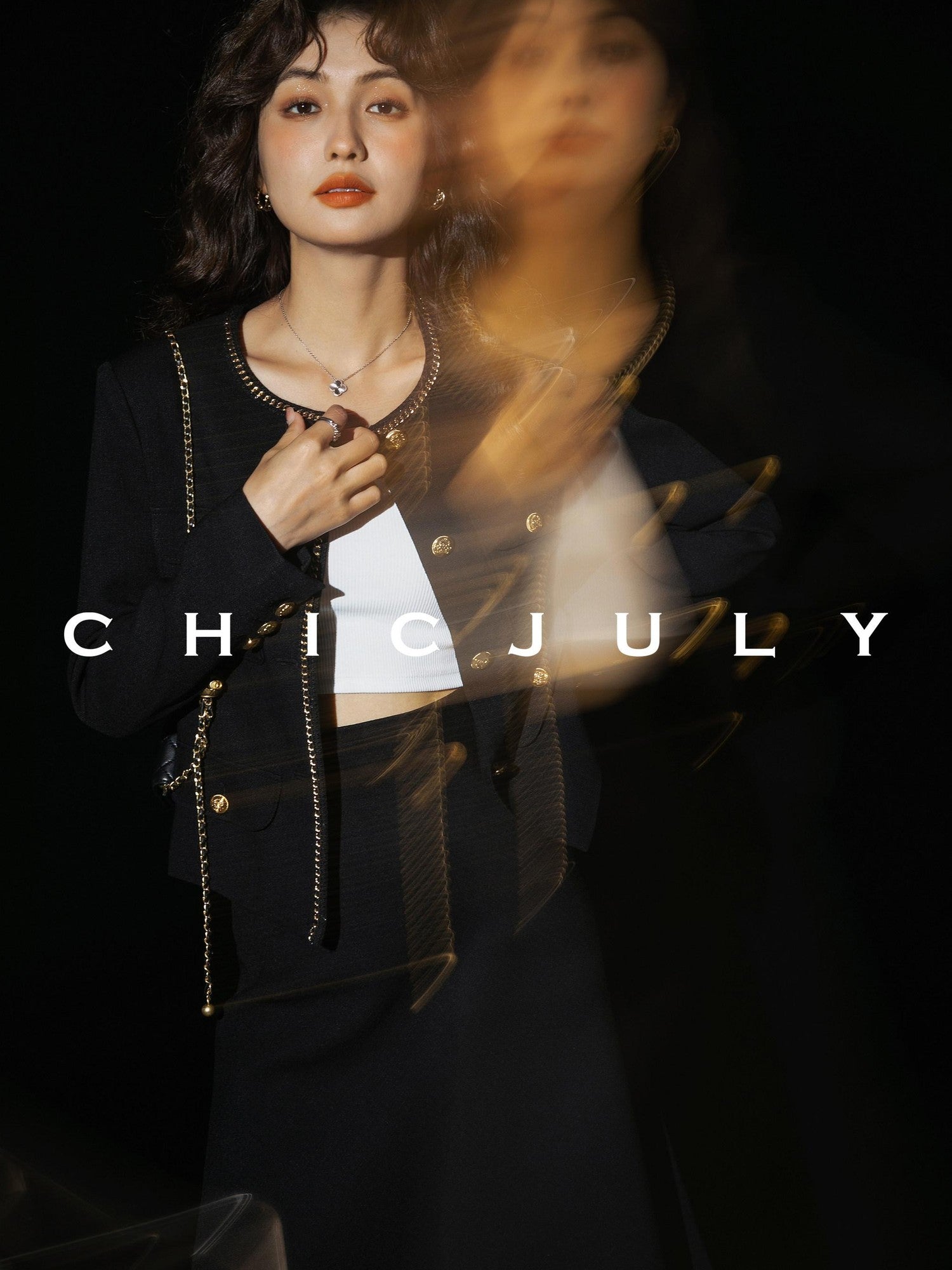 chicjuly White Tweed Inspired Buttoned Round Neck Women's Acetate Top & Skirt Sets