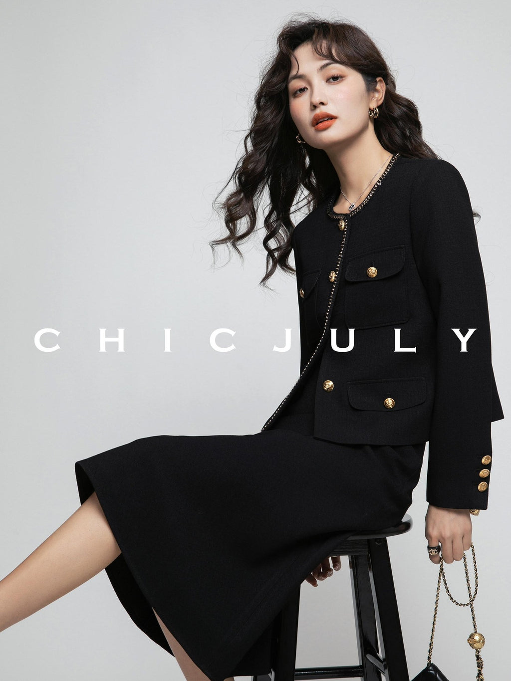 chicjuly White Tweed Inspired Buttoned Round Neck Women's Acetate Top & Skirt Sets