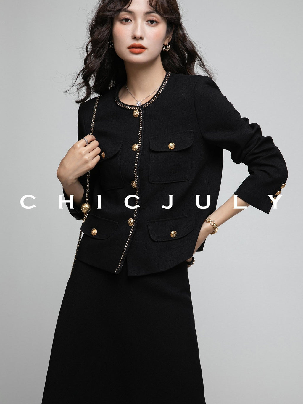 chicjuly White Tweed Inspired Buttoned Round Neck Women's Acetate Top & Skirt Sets