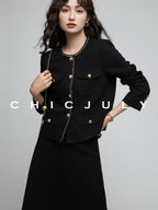 chicjuly White Tweed Inspired Buttoned Round Neck Women's Acetate Top & Skirt Sets