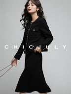 chicjuly White Tweed Inspired Buttoned Round Neck Women's Acetate Top & Skirt Sets