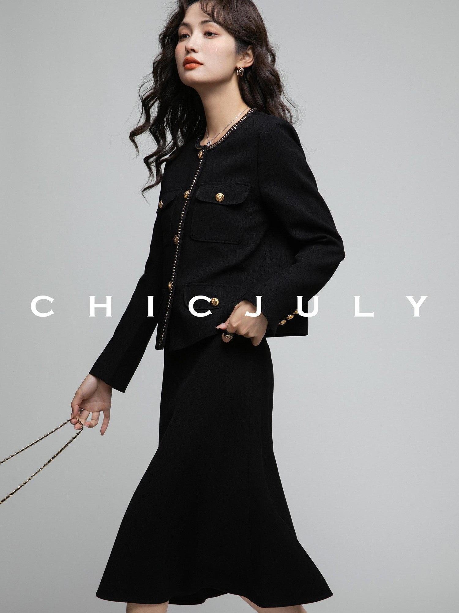 chicjuly White Tweed Inspired Buttoned Round Neck Women's Acetate Top & Skirt Sets