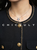 chicjuly White Tweed Inspired Buttoned Round Neck Women's Acetate Top & Skirt Sets