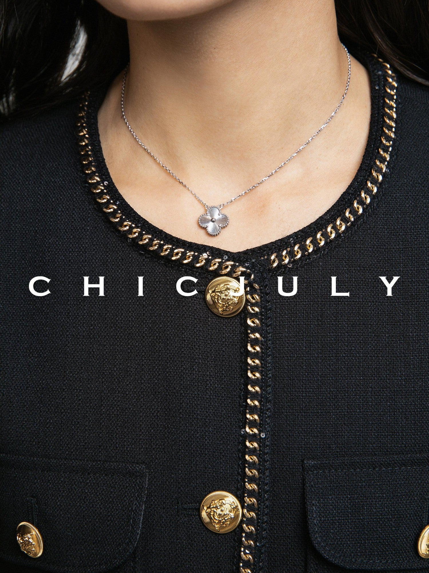 chicjuly White Tweed Inspired Buttoned Round Neck Women's Acetate Top & Skirt Sets
