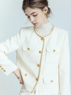 chicjuly White Tweed Inspired Buttoned Round Neck Women's Acetate Top & Skirt Sets