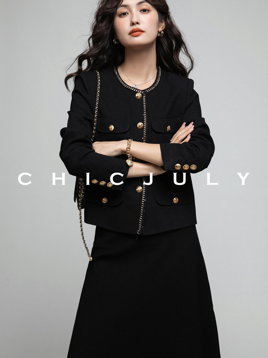 chicjuly White Tweed Inspired Buttoned Round Neck Women's Acetate Top & Skirt Sets