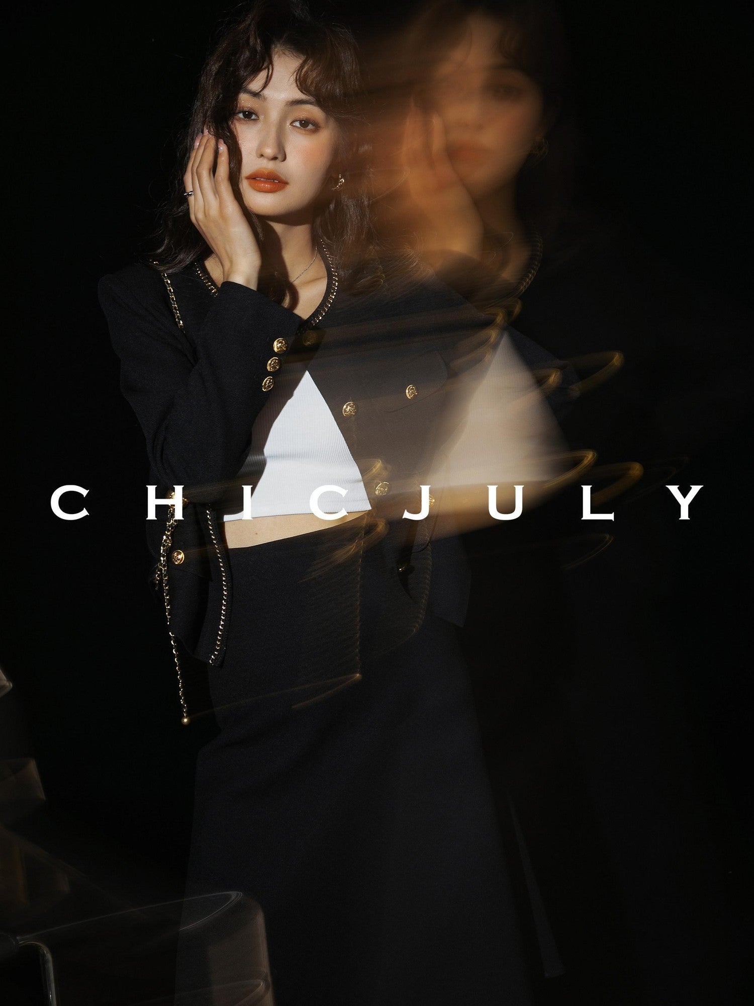 chicjuly White Tweed Inspired Buttoned Round Neck Women's Acetate Top & Skirt Sets