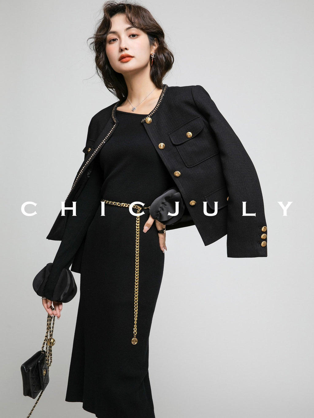 chicjuly White Tweed Inspired Buttoned Round Neck Women's Acetate Top & Skirt Sets
