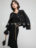 chicjuly White Tweed Inspired Buttoned Round Neck Women's Acetate Top & Skirt Sets