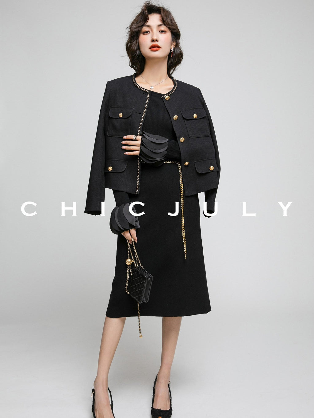 chicjuly White Tweed Inspired Buttoned Round Neck Women's Acetate Top & Skirt Sets