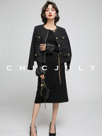 chicjuly White Tweed Inspired Buttoned Round Neck Women's Acetate Top & Skirt Sets